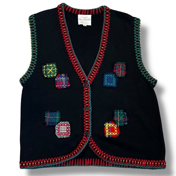 Vintage 1995 Susan Bristol Sweater Vest Plaid Patchwork Artsy Black Size Medium - Picture 1 of 8